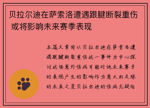 贝拉尔迪在萨索洛遭遇跟腱断裂重伤 或将影响未来赛季表现